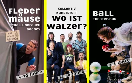 3 Fotos mit unterschiedlichen Menschen in farbiger Kleidung, Fotos getrennt durch gelbe Balken