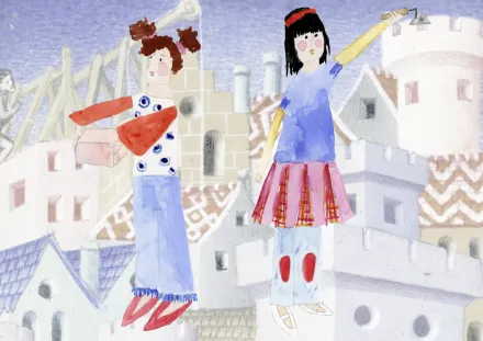 Illustration Aquarell/Wasserfarben, Hintergrund in pastell, mittelalterliche Architekturelemente, davor zwei Frauenfiguren in moderner Kleidung, eine hält einen Ziegelstein, eine eine Maurerkelle