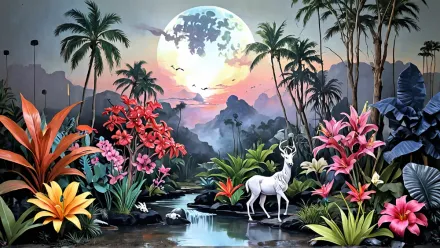 Fantasielandschaft mit übergroßen, bunten Blumen und einem Bach, neben dem ein weißer Hirsch steht.