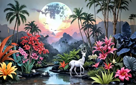 Fantasielandschaft mit vielen bunten, riesengroßen Blumen und einem Fluss. Ein weißer Hirsch steht in der Landschaft