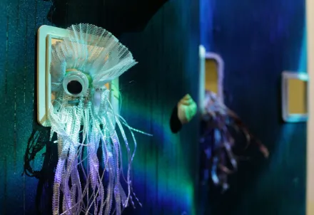 Detailaufnahme einer fantasievollen Unterwasserfigur mit Tentakeln aus Stoffbändern und einem großen Auge, in eine blaue Bühnenkulisse eingebettet.