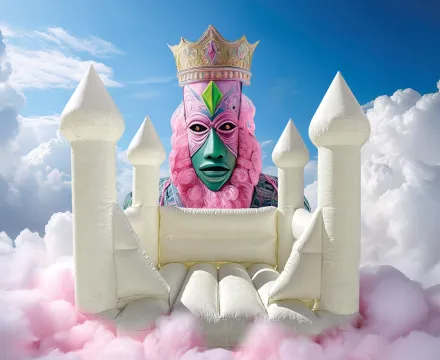 Eine weiße Luftburg schwebt in rosa Wolken. Dahinter sieht man eine Illustration von einem König. Der König trägt eine rosa Mähne und eine Krone auf seinem Haupt. Sein Gesicht ist grün, und zwischen seinen Augen leuchtet ein Edelstein.